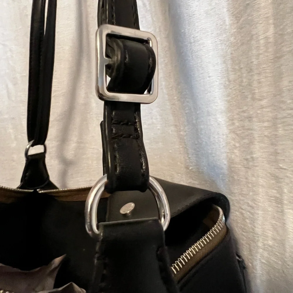 Emma and Sophia black leather satchel tote purse. With strap.